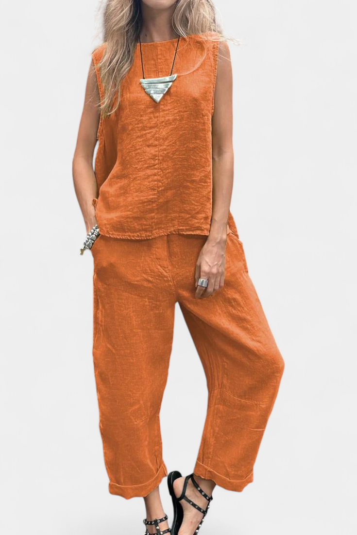 Leona Conjunto de Chaleco y Pantalón Sin Mangas en Mezcla de Algodón y Lino