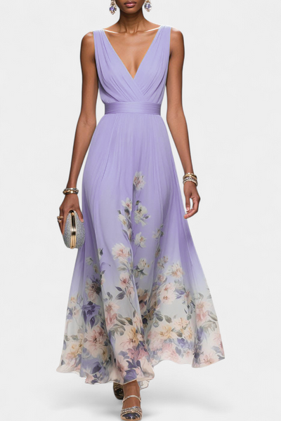 Vestido Maxi Floral Sin Mangas con Escote en V de Sauline