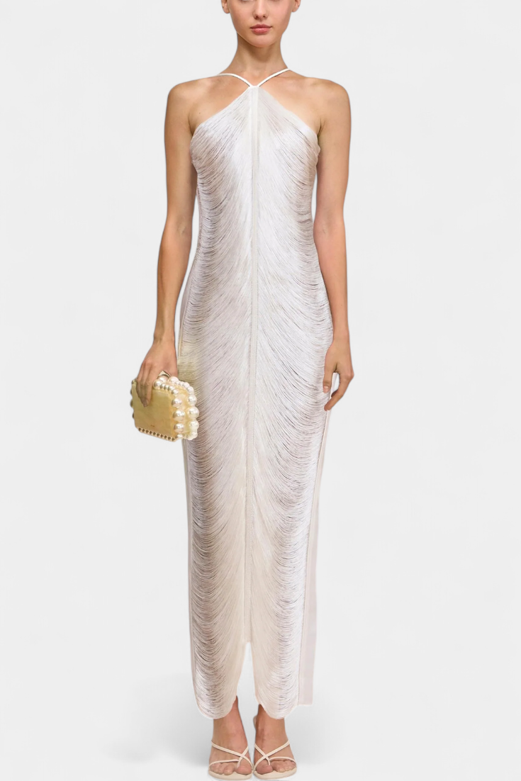 Vestido Halter Jianna con Flecos de Metal