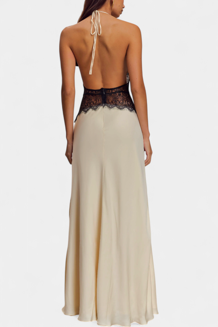 Vestido Largo Ashanty con Escote Halter y Cintura de Encaje Transparente