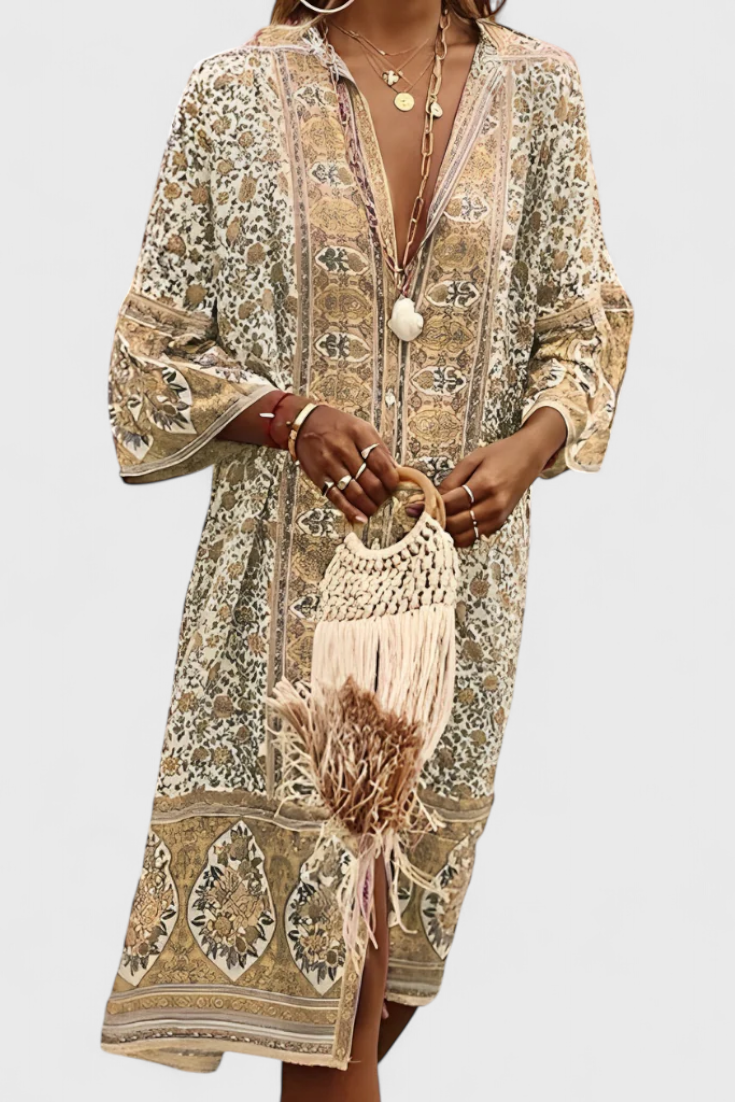 Chinara Vestido Largo Boho con Bordado Étnico y Corte Suelto