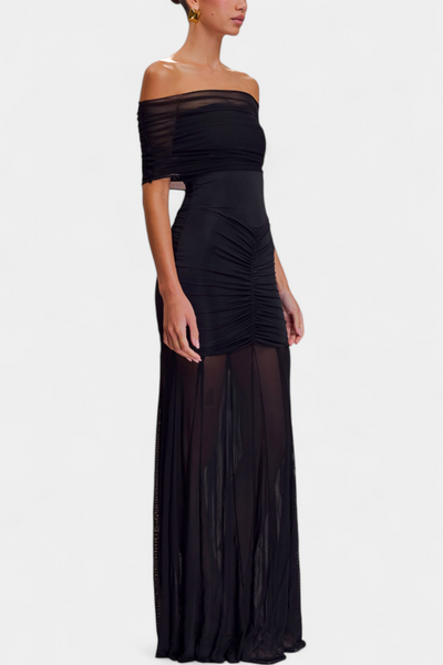 Alodia Maxi Vestido con Hombros y Capa de Malla