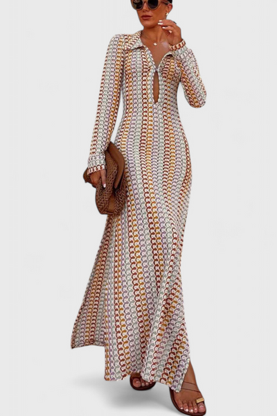 Crisanta Vestido Largo de Manga Larga con Estampado de Ondas Multicolores
