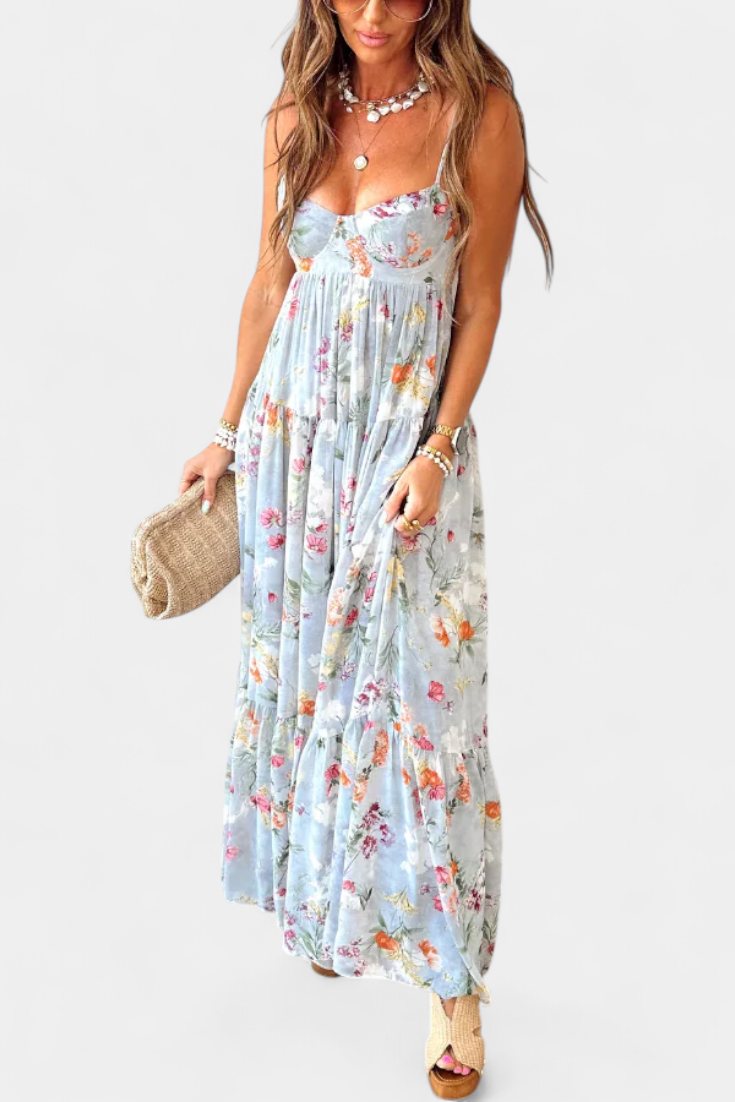 Vestido Floral Neha con Espalda Descubierta y Tirantes Delgados