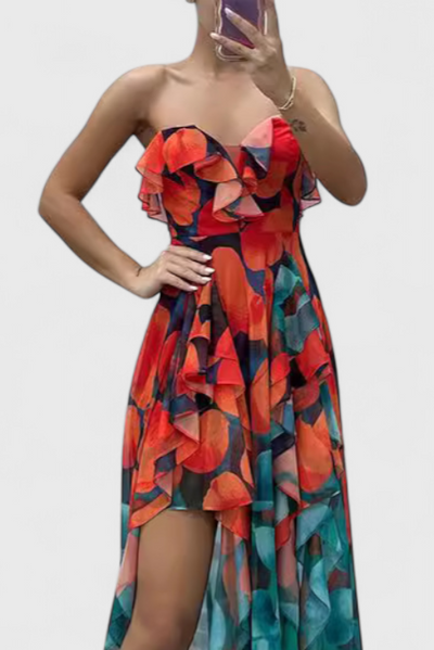 Vestido Maxi Sin Mangas Andy con Capas de Volantes y Abertura en Gradiente