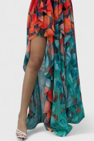 Vestido Maxi Sin Mangas Andy con Capas de Volantes y Abertura en Gradiente