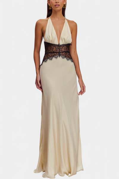 Vestido Largo Ashanty con Escote Halter y Cintura de Encaje Transparente