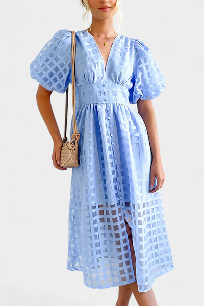 Vestido Midi Marigold de Manga Abullonada con Diseño de Cuadrados