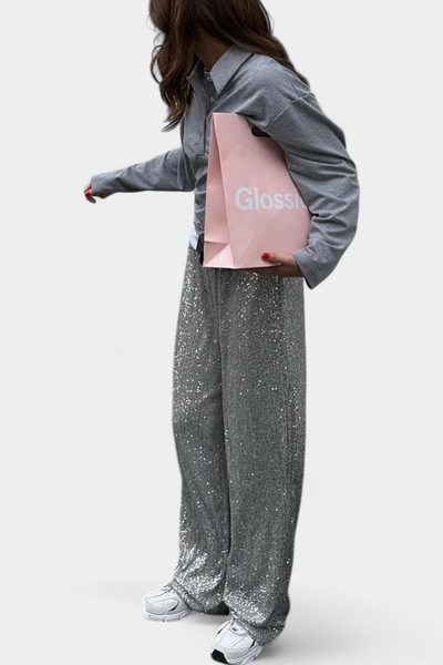 Elva Pantalones Holgados de Cintura Alta con Lentejuelas