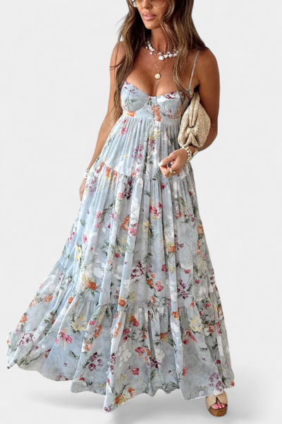 Vestido Floral Neha con Espalda Descubierta y Tirantes Delgados