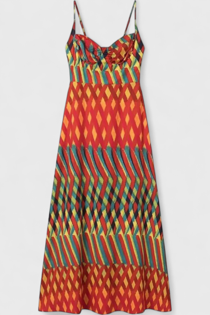 Vestido Maxi Janis con Estampado Artístico y Escote Halter en Forma de Corazón