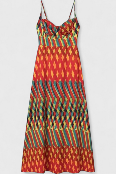 Vestido Maxi Janis con Estampado Artístico y Escote Halter en Forma de Corazón