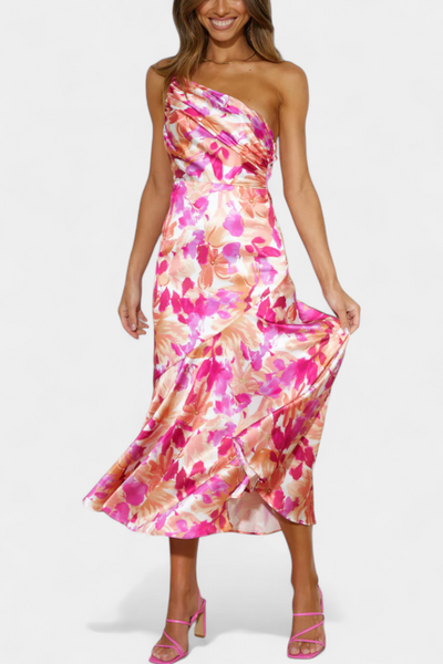 Vestido Asimétrico de Un Hombro Reya con Diseño Floral