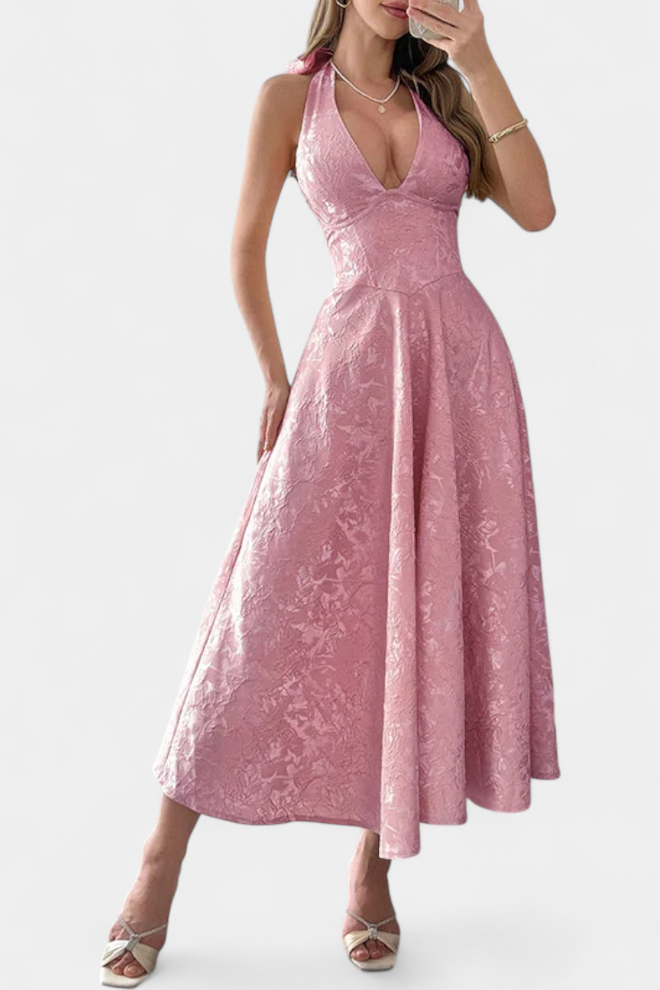 Gilda Midi Dress in Jacquard with Open Back and High Waist