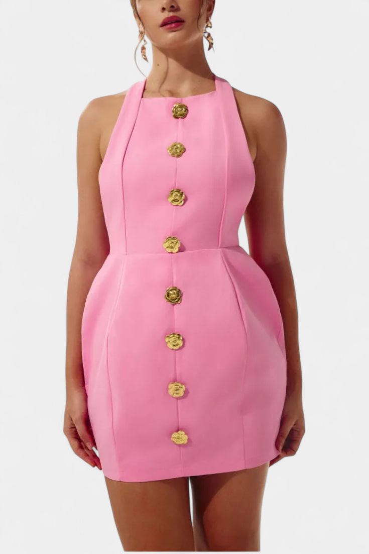 Yvonne Mini Vestido Halter con Espalda Abierta y Detalles Florales