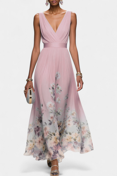 Vestido Maxi Floral Sin Mangas con Escote en V de Sauline