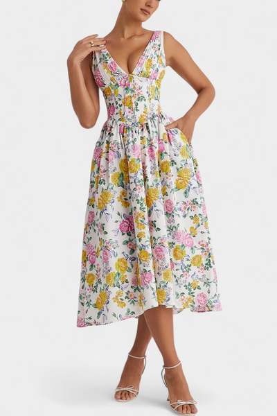 Vestido Midi Margie con Escote en V y Estampado Floral Romántico
