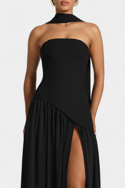 Celaena Vestido Maxi Chiffon Off Shoulder con Abertura Lateral