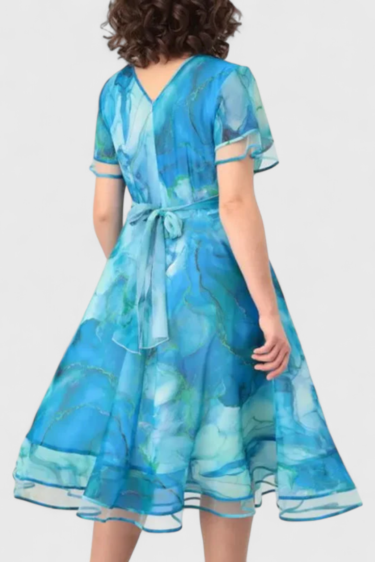 Vestido de Gasa Azul Almira con Estampado de Acuarela