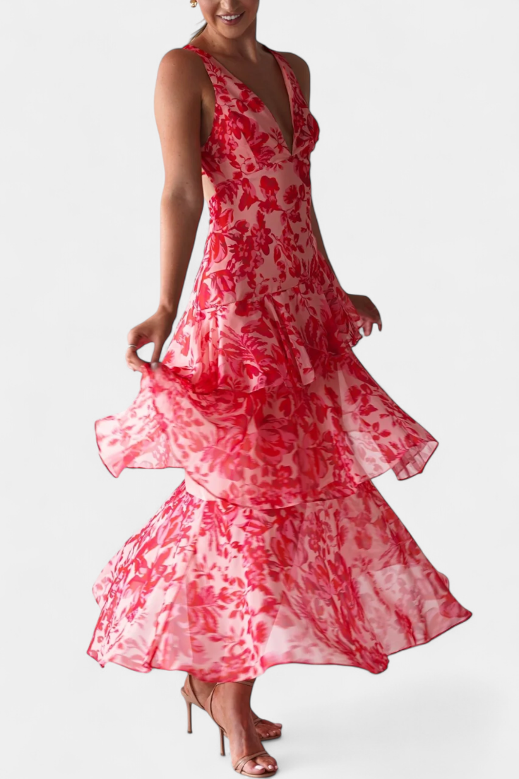 Domenica Vestido de Gasa con Escote en V y Capas Sueltas