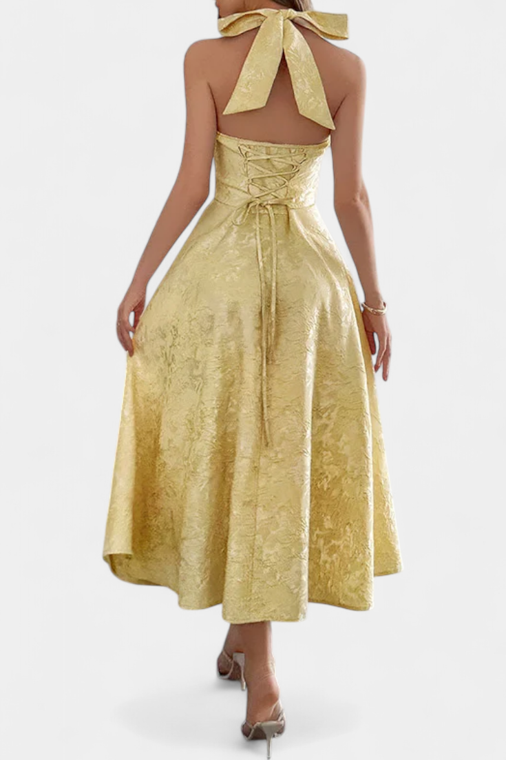 Gilda Midi Dress in Jacquard with Open Back and High Waist