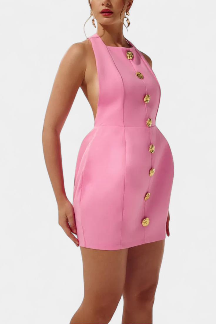 Yvonne Mini Vestido Halter con Espalda Abierta y Detalles Florales
