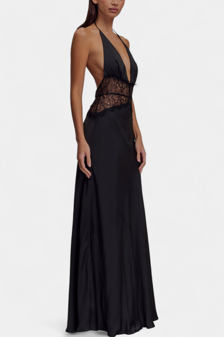 Vestido Largo Ashanty con Escote Halter y Cintura de Encaje Transparente