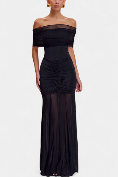 Alodia Maxi Vestido con Hombros y Capa de Malla