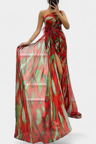 Aylin Vestido Maxi Asimétrico con Estampado Colorido