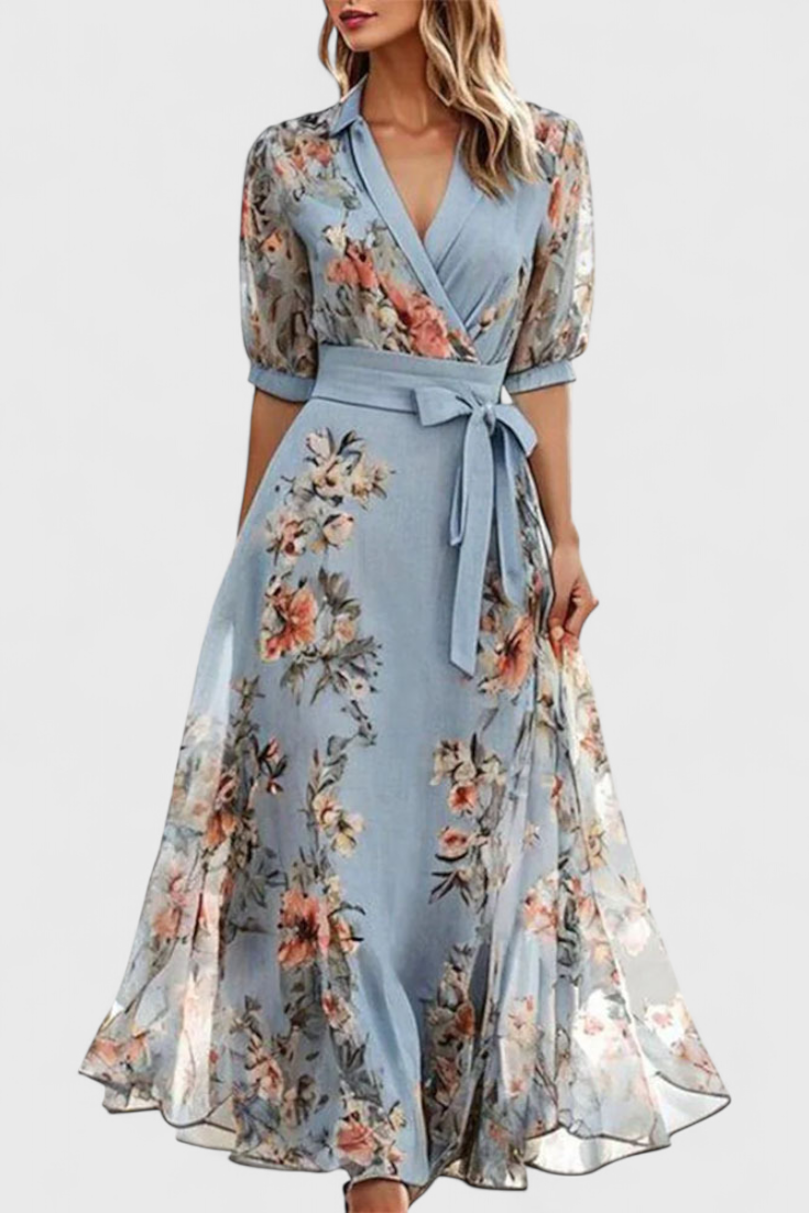 Vestido Midi Floral Arlet con Escote en V y Corte Femenino