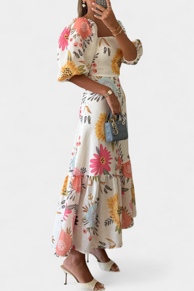 Kacey Vestido Midi de Algodón con Estampado Floral y Mangas Abullonadas