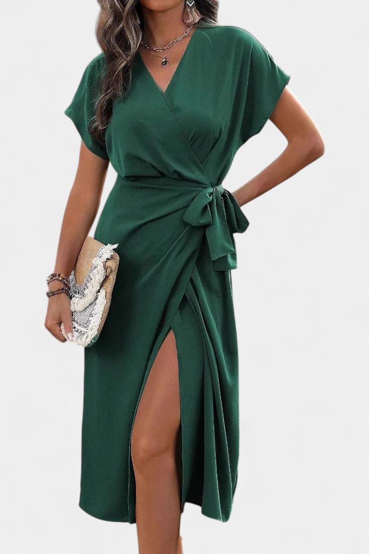 Begoña Vestido Cruzado con Cinturón y Abertura Elegante