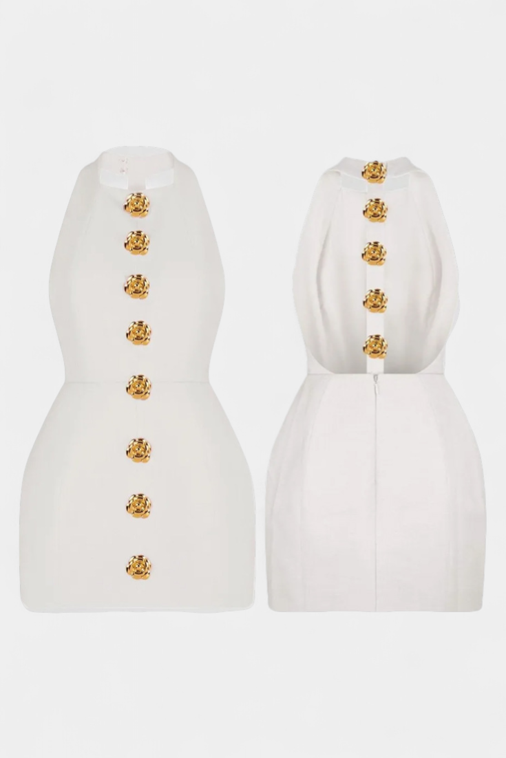Yvonne Mini Vestido Halter con Espalda Abierta y Detalles Florales