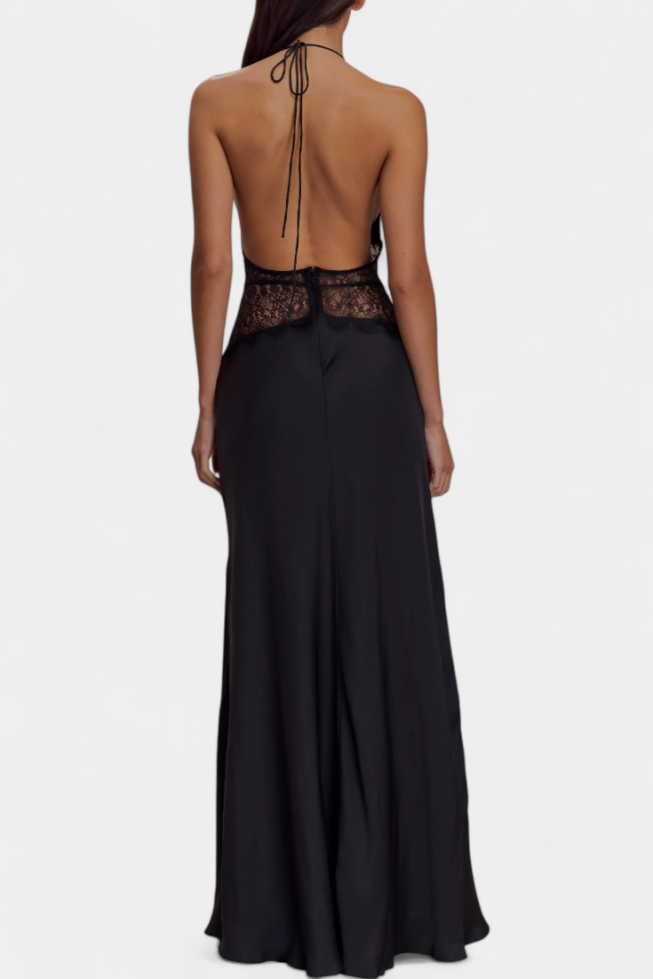 Vestido Largo Ashanty con Escote Halter y Cintura de Encaje Transparente