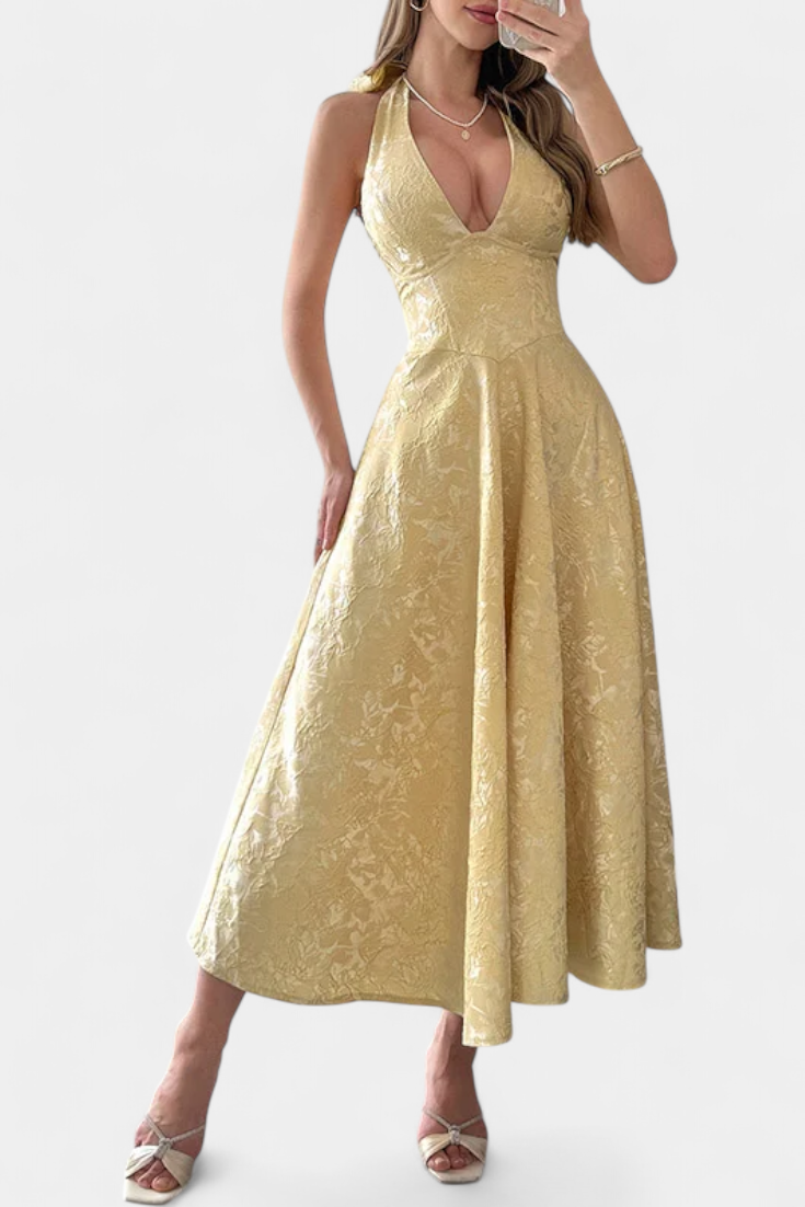 Gilda Midi Dress in Jacquard with Open Back and High Waist