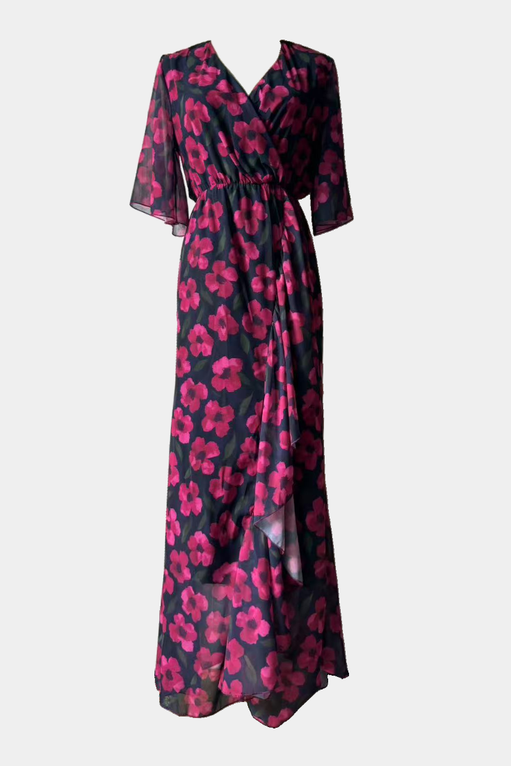 Sima Vestido Cruzado con Estampado, Escote en V y Mangas Acampanadas
