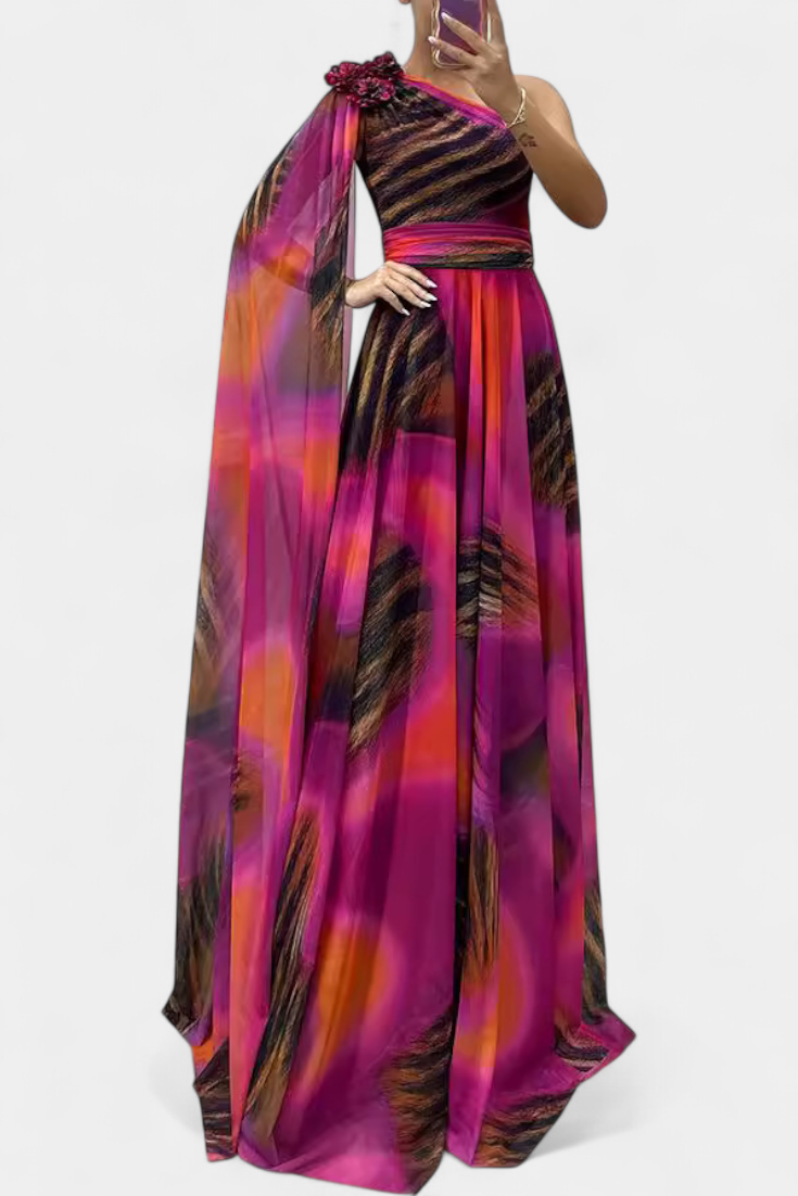Cedara Vestido Largo Asimétrico con Detalle Floral en un Hombro
