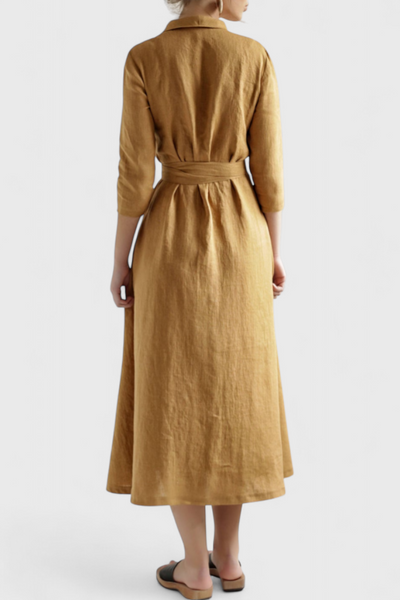 Vestido Midi Vintage Sharon de Algodón y Lino con Cuello Solapa