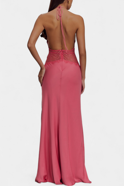 Vestido Largo Ashanty con Escote Halter y Cintura de Encaje Transparente