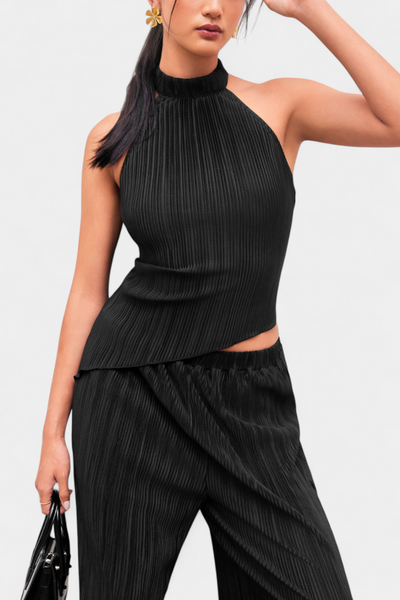 Pilarica Conjunto de Top Halter Asimétrico y Pantalón Fluido con Pliegues
