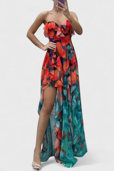 Vestido Maxi Sin Mangas Andy con Capas de Volantes y Abertura en Gradiente