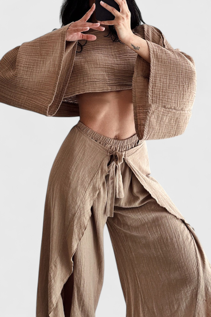 Maeva Conjunto Casual de Dos Piezas con Detalle de Abertura y Lazo