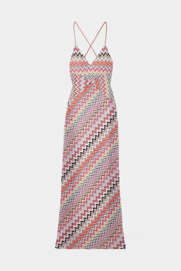 Vestido Largo de Punto Multicolor con Escote Profundo y Espalda Cruzada - Francia