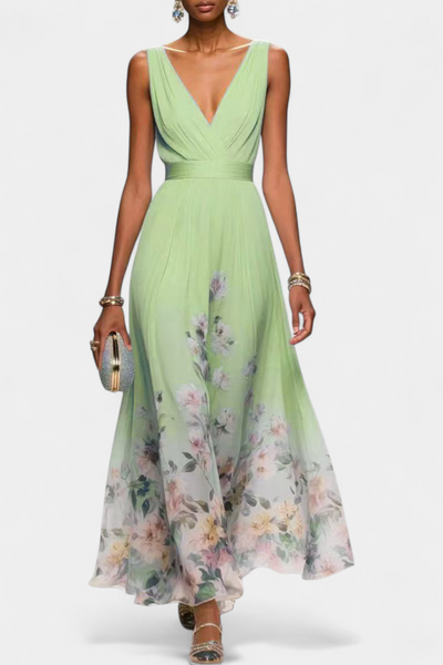 Vestido Maxi Floral Sin Mangas con Escote en V de Sauline