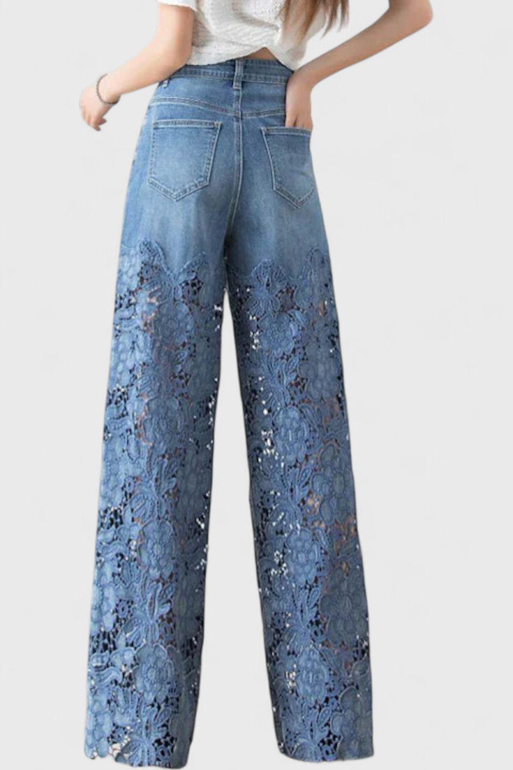 Jasiel Pantalones Palazzo de Denim con Encaje y Bordado Floral