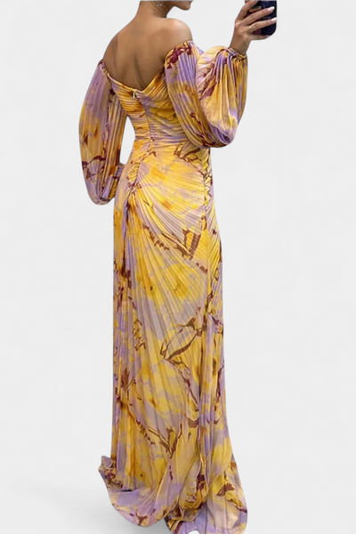 Vestido Maxi Plisado Quintessa con Mangas Largas y Estampado Colorido