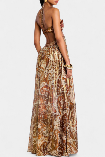Tasha Vestido Maxi Halter con Espalda Abierta y Detalles Calados