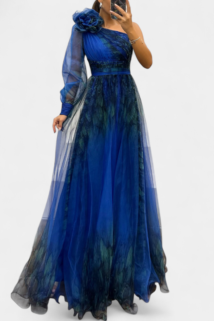 Vestido Maxi de Chiffón Becca con Hombros Descubiertos y Flor Voluminosa