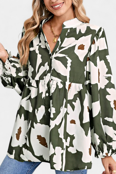 Filomena Blusa de Media Botonadura con Manga Abullonada en Estampado Floral Abstracto