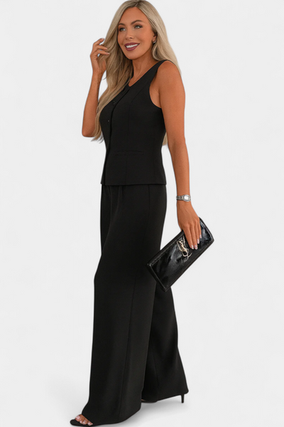 Conjunto Elegante Paloma de 2 Piezas: Blusa Sin Mangas y Pantalón Fluido